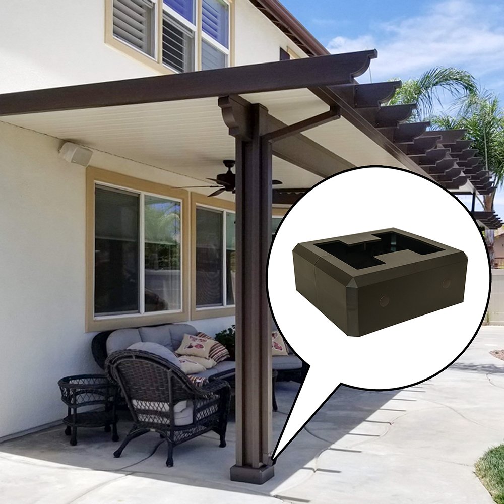 Spanish brown alumabase installed on an alumawood patio cover with a close up shot to show model