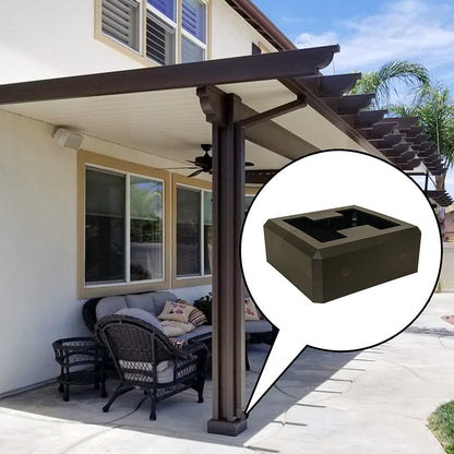 Spanish brown alumabase installed on an alumawood patio cover with a close up shot to show model